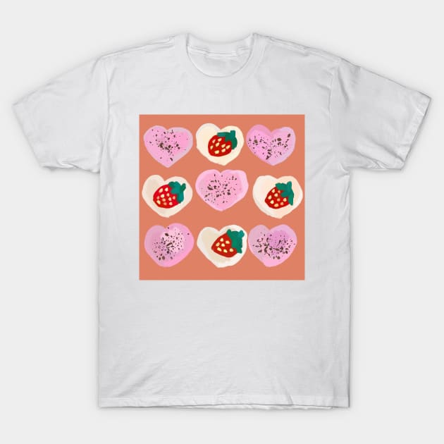 Pink Chocolate and Vanilla Strawberry Heart Cookies - Cute Kawaii Naive Nursery Baby Art T-Shirt by BonBonBunny